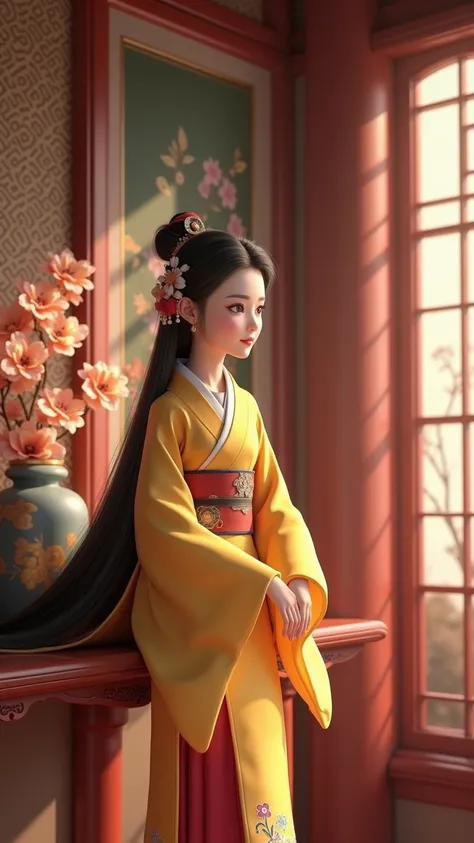  sits on a wall shelf, palace ， A girl wearing Hanfu, Realistic animation 3D style , An Arab woman in a yellow kimono in the style of Kumizawa , beautiful figure painting, 3D realistic animation,  Trending on cgstation , Anime style 3D,  Ancient Chinese be...