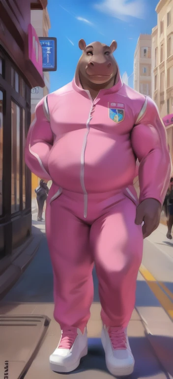 Solo, female Tall​,mannequin, standing, street,hippo ​,super hero , pink military spacesuit, overweight, muscular, Paranoia,by chunie