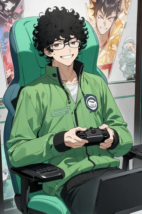 man with glasses with short but messy curly hair with bangs, brown eyes, Black-haired Asabache ,  has a silver ear perforation like rings , in anime format,  holds a white gamer controller ,  with a futuristic gamer setup behind his back ,  wears a jade gr...