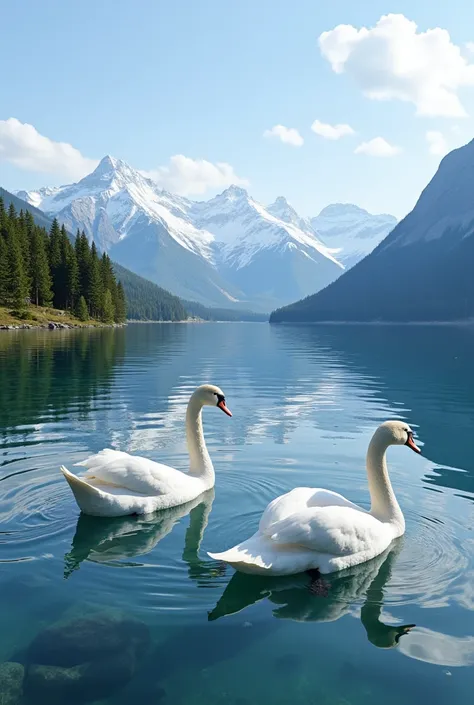 (snowy mountains,serene lake,clear and transparent water,swans swimming on the lake surface,pine trees swaying in the breeze,peaceful and harmonious atmosphere,best quality,4k,8k,highres,masterpiece:1.2,ultra-detailed,realistic,photorealistic,photo-realist...