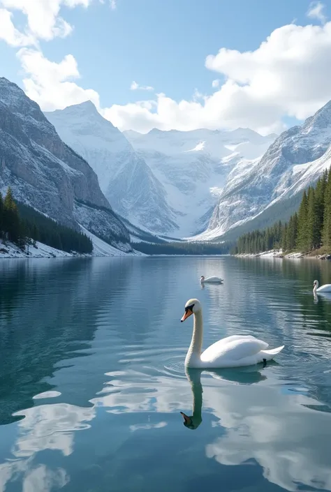 (snowy mountains,serene lake,clear and transparent water,swans swimming on the lake surface,pine trees swaying in the breeze,peaceful and harmonious atmosphere,best quality,4k,8k,highres,masterpiece:1.2,ultra-detailed,realistic,photorealistic,photo-realist...