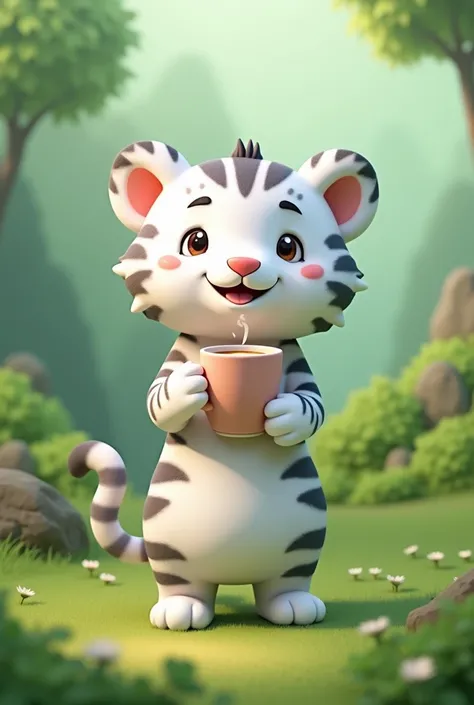 cute cartoon snow tiger stand up with coffe cup, green background