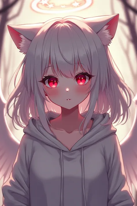 an anime girl wearing a cat sleeve hoodie with blood red eyes and an angel ring with white hair with the temperament of a lady