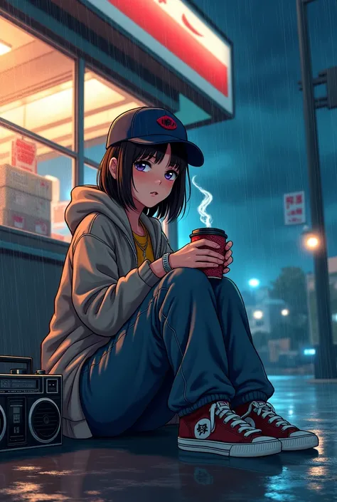 "A young woman sitting in front of a convenience store at night, holding a steaming cup of coffee. She’s dressed in hip hop style clothing, with a loose jacket, cap, and baggy pants. Next to her is a boombox, adding a retro feel. The sky is cloudy with a l...