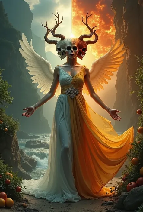 full body, skull with 2 heads front and back, woman dancing split into two opposing planes, right half of face looks holy with holy colors and glorious heavenly background full of flowing rivers and fruits, while left side of face looks evil with hot color...