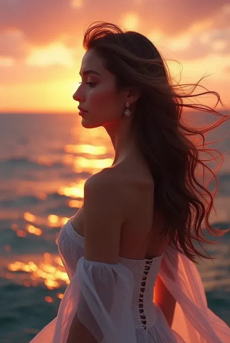 Beautiful girl in the background of the sea at sunset with her hair down