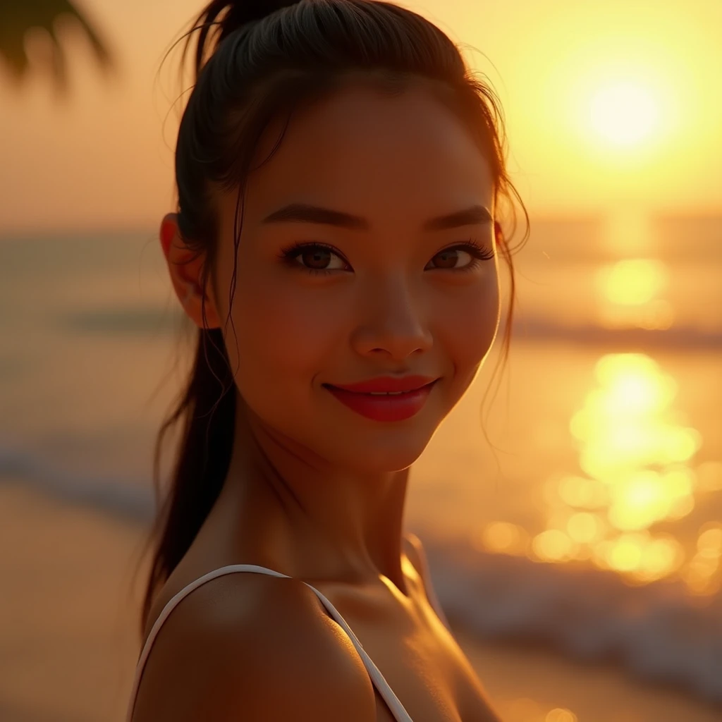 (masterpiece, ultra high res, photorealistic:1.8), 8K cinematic headshot, face centered perfectly in a square ratio, young Southeast Asian woman (Thai), radiant bronzed skin glowing in golden-hour light, bold dark brown eyes framed by subtle eyeliner, full...