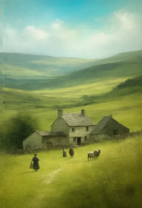  oil sketch , Of an Irish farm from 1876, soft spots and artistic blur, yellow,  Sky Blue , red, orange, green,  masterpiece, Detail, estilo Thorne 