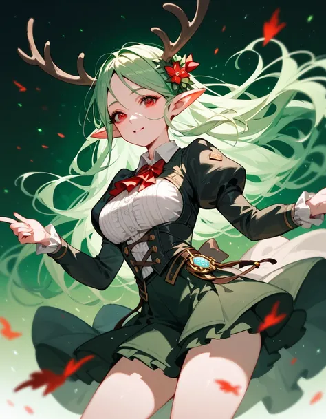 Elf Girl ,Green hair, in red eyes ,Long hair,thin, With Pointed Deer Antler , Black Floating Waistcoat, Long Puffy Sleeve ,