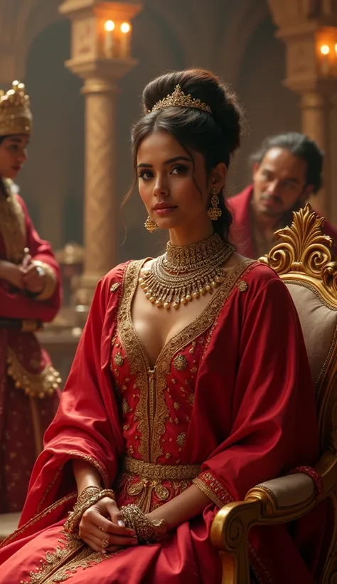 A Very Clear 4K Ultra HD Dynamic Image Of "A lavish room with wealthy merchants and aristocrats sitting comfortably, surrounded by opulent furniture and jewelry. Vasudha is elegantly hosting the men, with an air of sophistication. She has a composed expres...