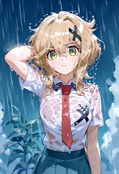 (( best quality)), symphogear,   Akatsuki Kirika,blonde hair, 1girl, alone, green eyes, looking at viewer, medium breasts x hair ornament,school uniform, pleated skirt, white_shirt,  red necktie , ((wet in the rain, tilts her head, light green brassiere:1....