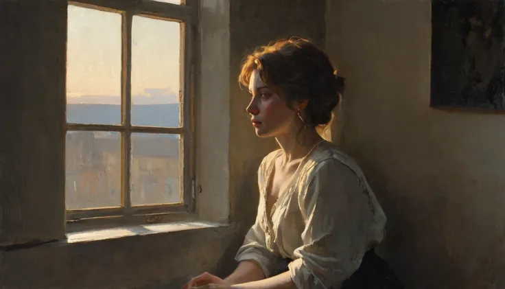 A woman seated by a window, looking into the distance with a thoughtful expression, as if engaging in a deep dialogue with herself. The soft, warm light of the evening sun creates a sharp contrast with the dark shadows in the room. Her face is illuminated ...