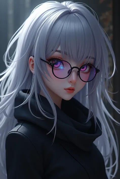 a silver-haired assassin girl is a handsome girl wearing purple eye glasses 