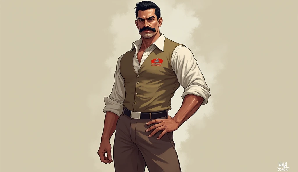 "A rugged, strong man with a commanding presence, Bhavar Singh Shekhawat has a tall, muscular build. He has a sharp, intense gaze with thick eyebrows and a well-groomed mustache. His hair is neatly styled and combed back. He is dressed in a simple but powe...