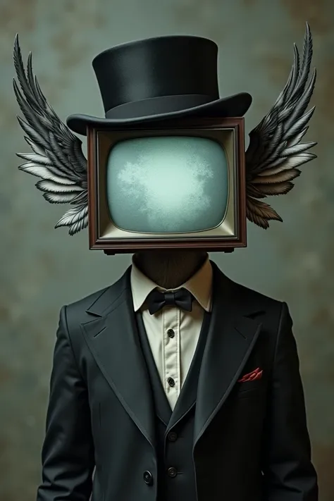 TV head man wearing glasses, black dress hat with black white wings, front shirt written as mm 2