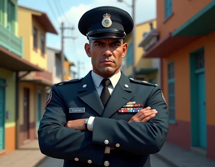 Play a military police officer from the State of Ceará- Brazil with your arms crossed