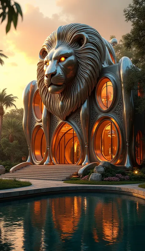 A futuristic mansion with architecture inspired by an ornate lion design, featuring majestic mane-like patterns and intricate metallic details. The structure is illuminated by glowing orange lights, surrounded by lush greenery and a reflective water body. ...