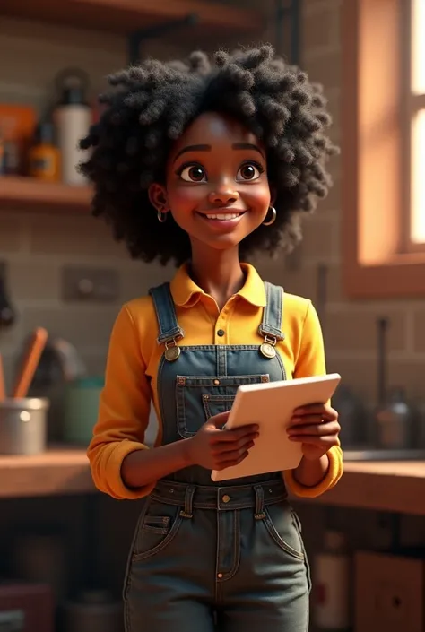 Pixar style image with 3D character, dark skinned woman, curly black hair, wearing a metalworking overalls, holding a notepad, she is in a workshop, Disney makeup, cute, smiling, Close-up, Pixar, Disney, lighting cinema, she is standing showing her entire ...