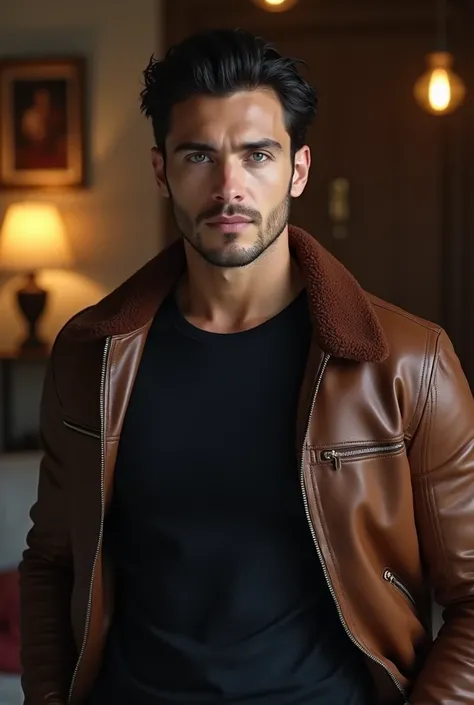 A sexy and imposing man in his 30s, clear skin, Really Black Hair,blue eyes, dressed in a stylish brown winter leather Jacket with Black Tshirt,inside the house