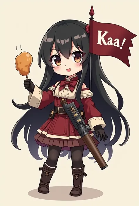 A girl long black haired war commander, her outfit will be a combination of color burgundy and cream. Her eyes is dark brown with red lips. Make it cute or chibi. In her right hand is holding fried chicken, in the left hand she is holding a gun with flag w...