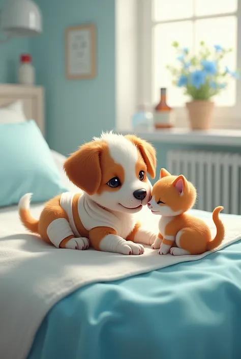 Image of a puppy and a kitten in a hospital puppy badly injured body stretching with cotton sleeping on bed  and kitten side beside puppy 