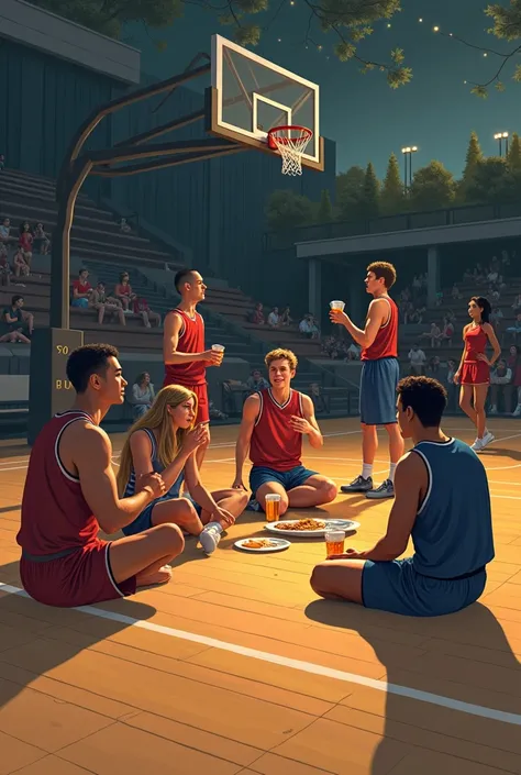 A basket ball court , there are  4 basket ball players drinking and 3 sitting on the court floor, They are all dressed iIn basketball attire, there is someone leaning against the court pole, and there is a party going on so a speaker is on the bleachers, t...