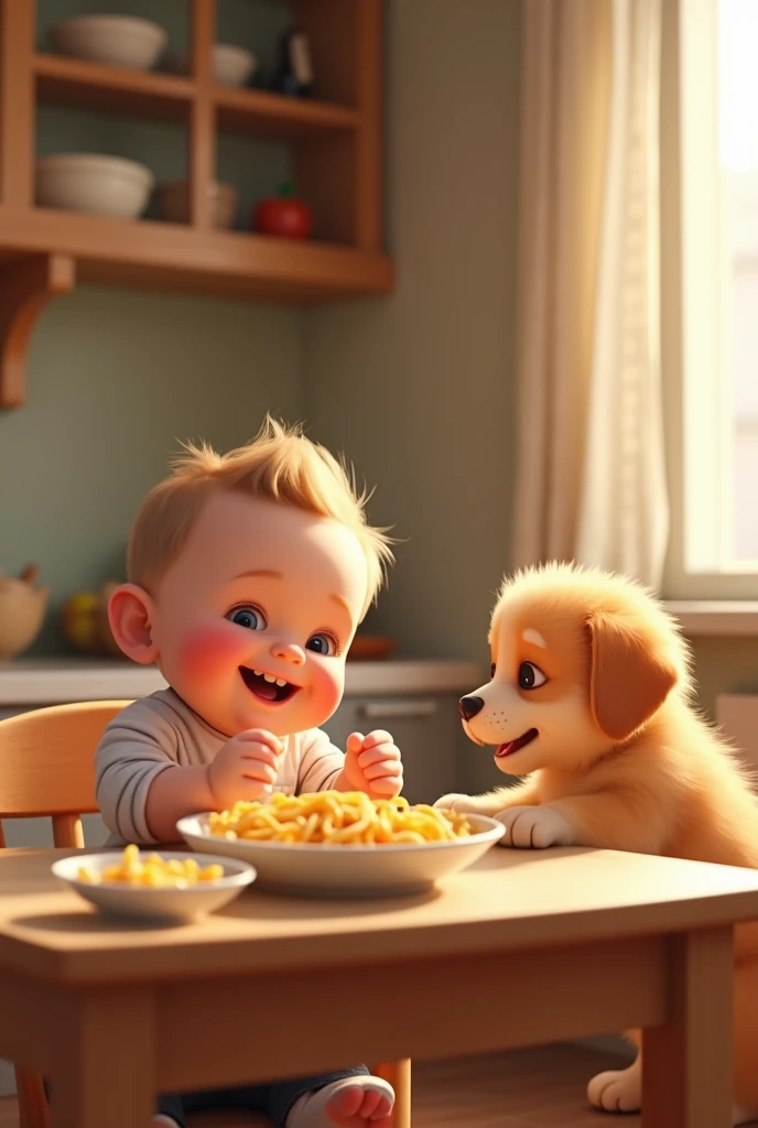 Baby eating pasta and a puppy realistic image 4k or 3D