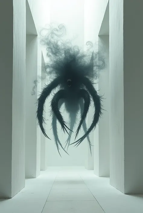 I would like a completely black creature that walks on all fours on the ceiling and constantly emits smoke. I want it to be in a completely white corridor made of squares and bizarre white shapes. The style should be RPG and fantasy, and I would like it to...