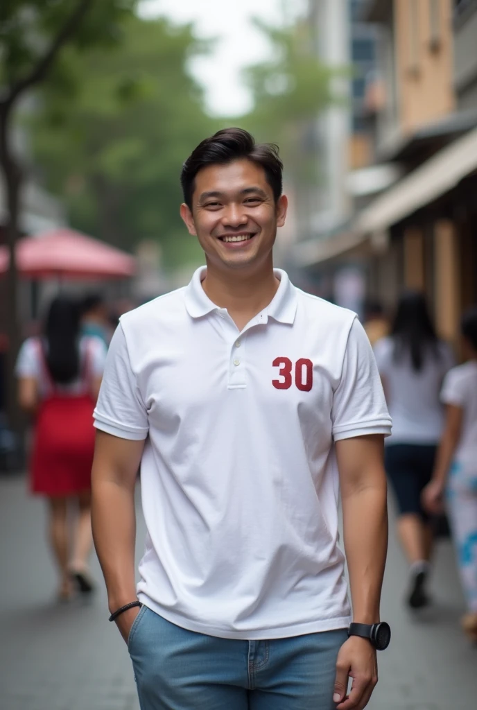  a smiling guy wearing a white polo shirt with a number "30 sepatu kets red.  Authoritative handsome Indonesian ,  is chasing 10 beautiful chubby moms  , pregnant big boobs pregnant woman wearing white low clothes ,red,abu,  blue on crowded sidewalk street...