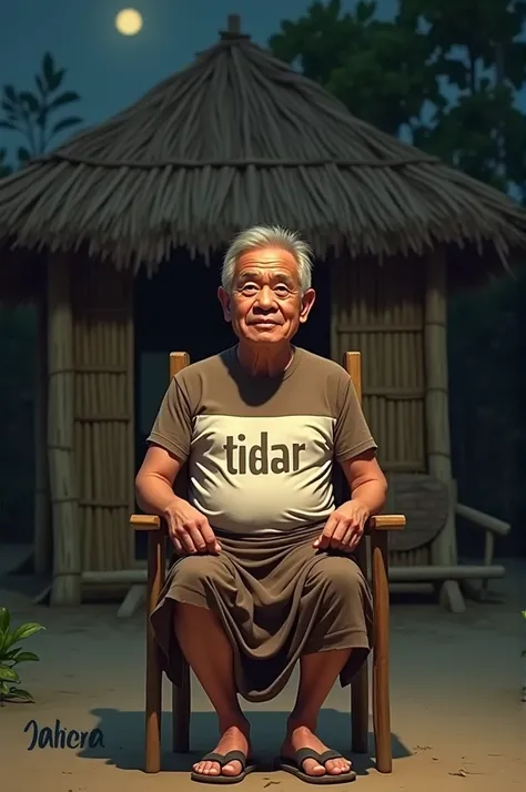 caricature style
a 40 year old man,wear simple brown white  tshirt with text "TIDAR"
and sarong sit down in the wooden chair in front of simple bamboo house
speed effect,  at night,moonlight