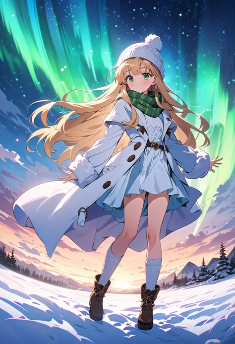 deep green eyes, long flowing blonde hair, 1girl, 12 yo girl, cute, gorgeous fantasy beautiful white long winter dress coat, (white colorful winter knitted hat with patterns), long boot socks, green scarf, cinematic, snowy tundra night starry sky with auro...