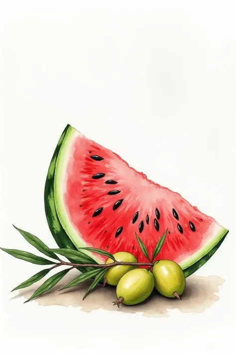 Watercolour watermelon with olives and branches 