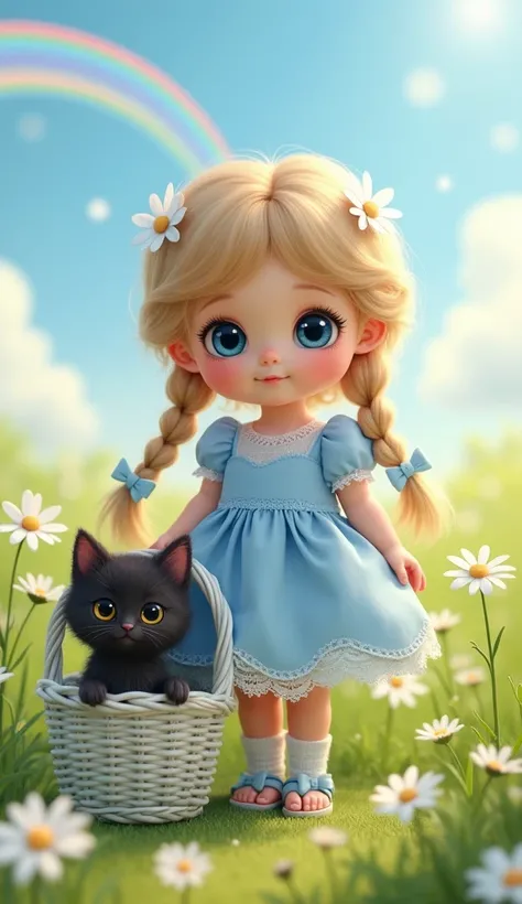 very cute  ( baby looking  )  big beautiful blue eyes (Live , Reflecting)  long black eyelashes  ( expressive ),  plump pink lips and baby blush ,  long blonde hair braided in 2 braids with daisy bands ,  sandals are standing in a delicate fluffy and flyin...