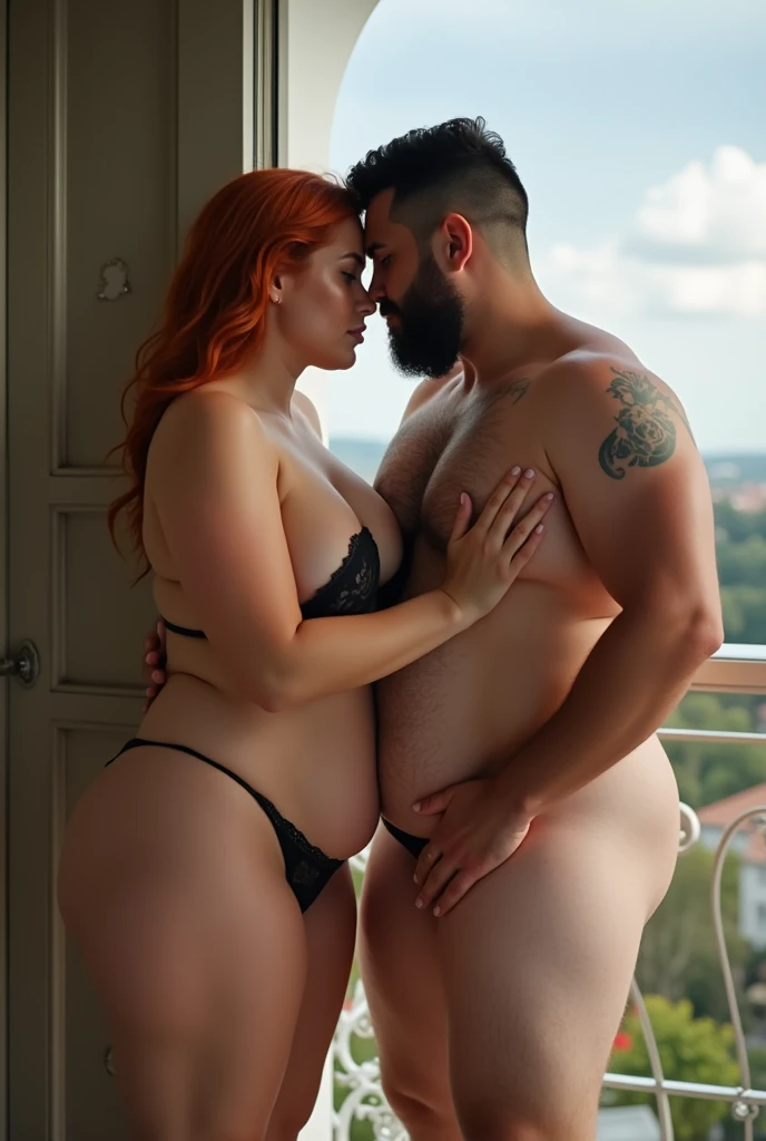 ultra-detailed photo,  without imperfections, ((2 people)) ((Man and woman)(naked en la terraza)((kamasitra ))(( tantric massage )) ( swinger couple )(married couple )  she is a beautiful 38-year-old Irish redhead, thick-bodied, gordibuena,  curvy body ,  ...