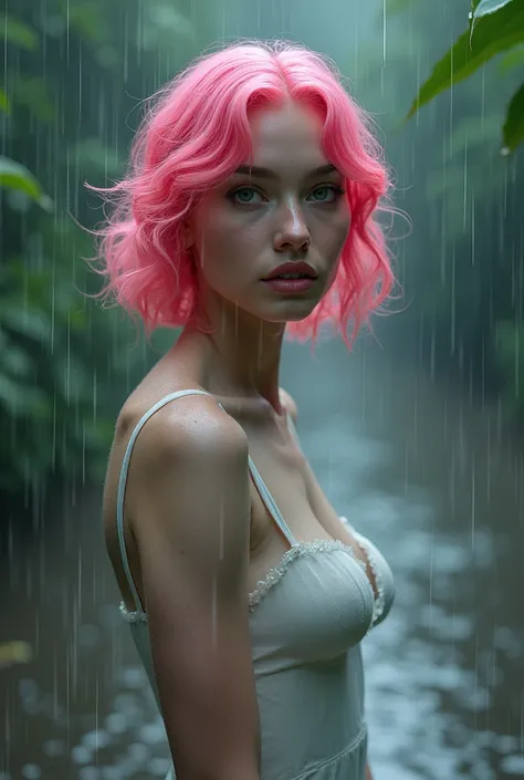 rain, beautiful girl around 27 years old, epic character composition, sharp focus, natural lighting, subsurface scattering, 85mm, film grain,pale skin (completely  intrincate neon pink wavy short hair)+, ultra sharp focus, realistic shot, ultrarealistic ph...