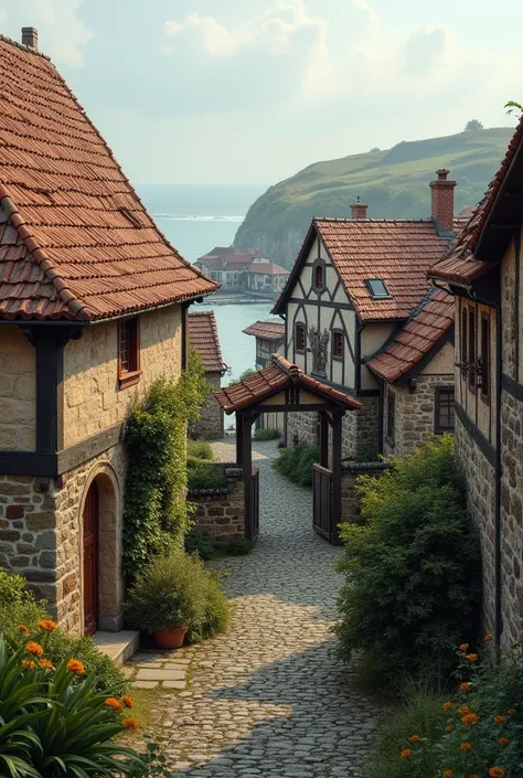 In the lowlands of East Frisia on the North Sea, there is a medieval village made of clay and stone houses with a harbor and at the entrance to the village is an old village made of wood. 