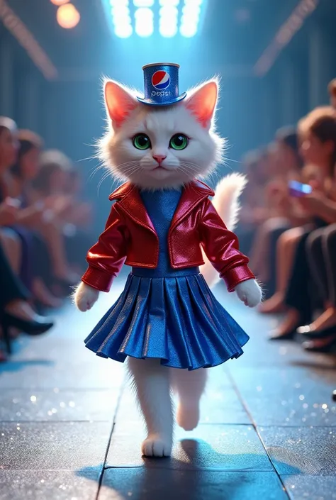 


---

Scene: The Cat in a Pepsi-Inspired Outfit Walking on the Runway

Setting:
The cat is walking confidently down a grand, elegant runway inside a glamorous fashion show venue. The runway is lined with dazzling lights, and the atmosphere is filled with...