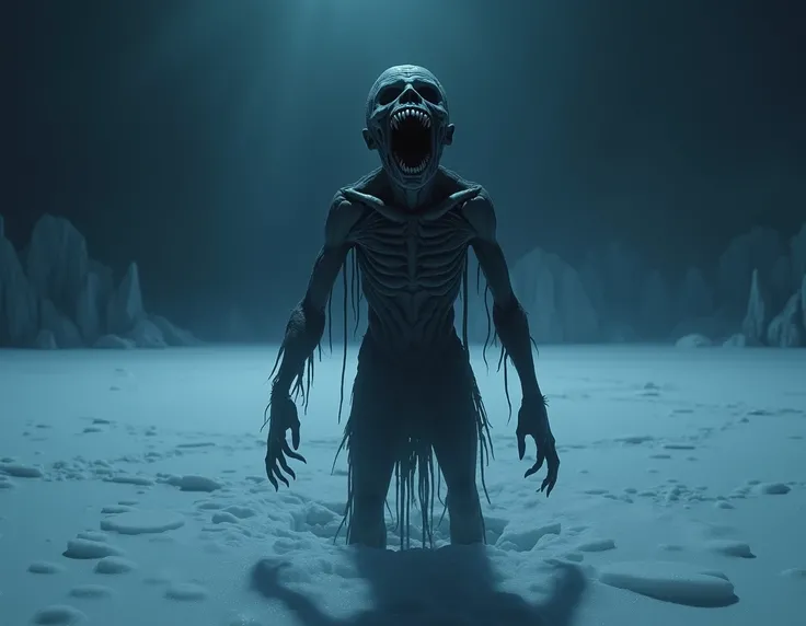 A terrifying scene on the frozen lake at night. A twisted figure, resembling a , stands in the center of the ice. Its face is hollow with empty eye sockets and a wide grin full of jagged teeth. The figure’s posture is unnatural, as if it’s beckoning someon...