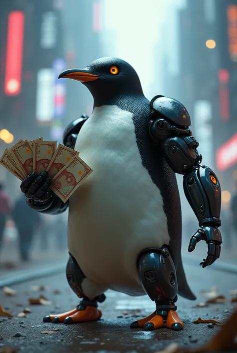 A futuristic penguin with some banknotes in my hand ready for a battle 