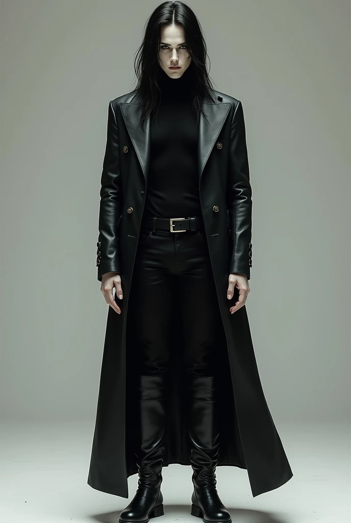 A character with an masculine face,a very white European skin, with sharp and pointed facial features, thin lips, sharp foxy eyes of an onyx color, and long black hair, wearing a long black leather trench coat, tight black pants and long boots and a black ...