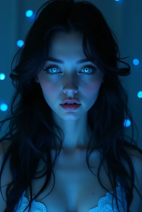  real film , a young girl, hautporen,  black long hair , blue  Glowing eyes , blue roses in hair , very full lips, magical, Light,  surrounded by blue magic ,  Glowing eyes ,  slim but curvy figure,  square face shapeHigh resolution,  best quality , Detail...