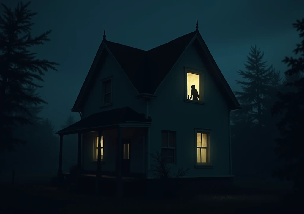 The house at night, a faint silhouette of a figure watching from the upstairs window.
.