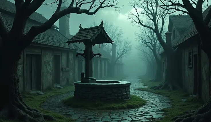 a sinister well in a sinister town with a gloomy atmosphere