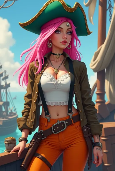 Woman with pink hair, green pirate hat, white top, brown jacket, black suspenders, orange pants and pircing