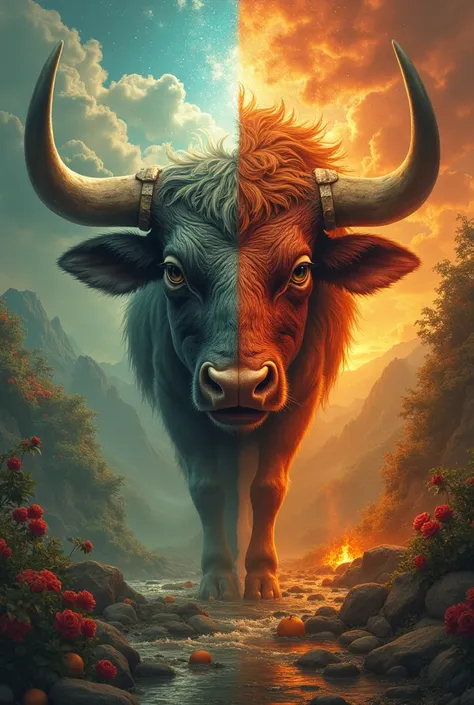 full body, a bull with 2 heads front and back, woman dancing split into two opposing planes, right half of face looks holy with holy colors and glorious heavenly background full of flowing rivers and fruits, while left side of face looks evil with hot colo...