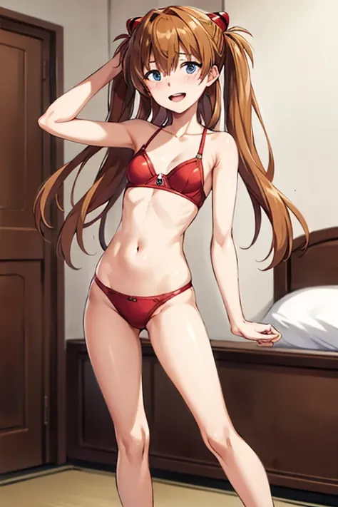 (( best quality)), ((masterpiece)), (be familiar with),  perfect face, indoor, bedroom,  viewer,
One woman,  Soryu Asuka Langley ,
 open mouth,  ecstatic expression with hands in front of body, blush, smile,
Small breasts,  flat chested, Young girl, Lori, ...