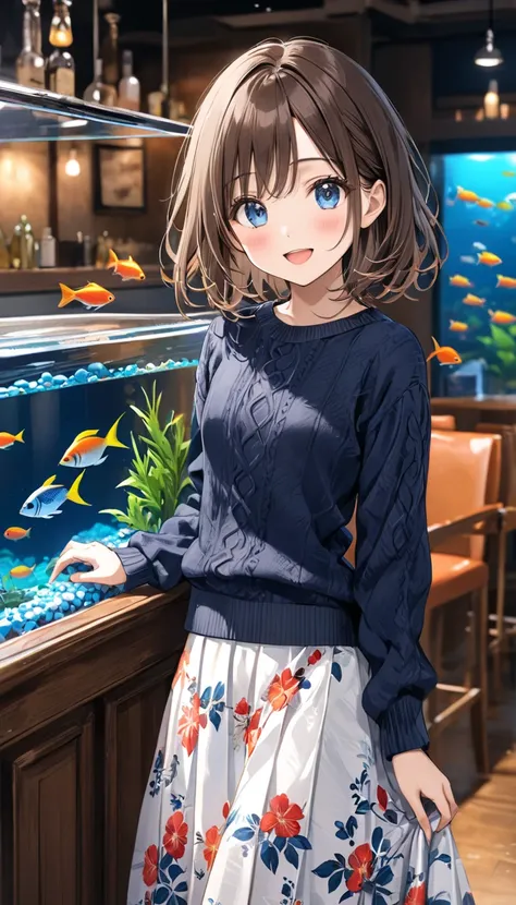 full body、 best quality ,High image quality,masterpiece,  casual, dark blue (( sweater)), One person, very cute girl、Complex pupil,  deep blue eyes, smile, open mouth, blush, ((small breasts)), medium hair, Brown Hair, Right-parted bangs,  White Skirt, Flo...