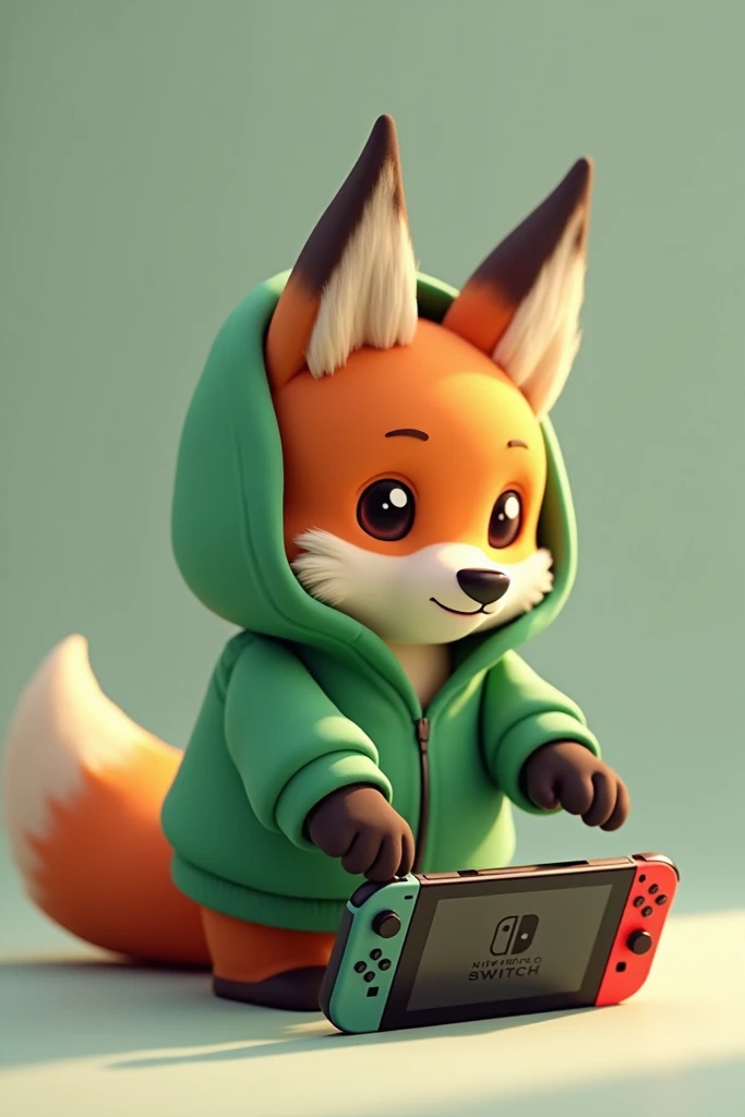 Minecraft fox with a green poleron playing on a Nintendo Switch 
