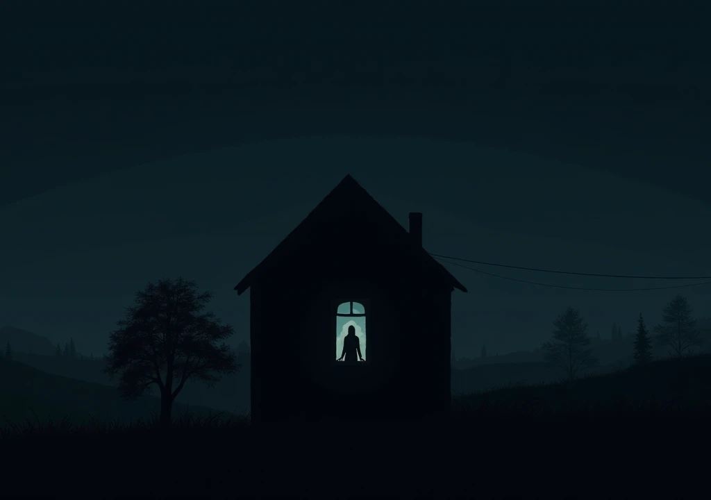 The house at night, a faint silhouette of a figure watching from the upstairs window.
