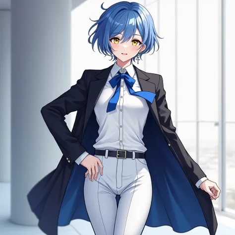 Anime boy with short blue with white hair, yellow with blue eyes, wearing cross silver earrings, wearing a white office uniform, a black coat, a blue ribbon, Half-standing See the arm ,very aesthetic,newest,nsfw